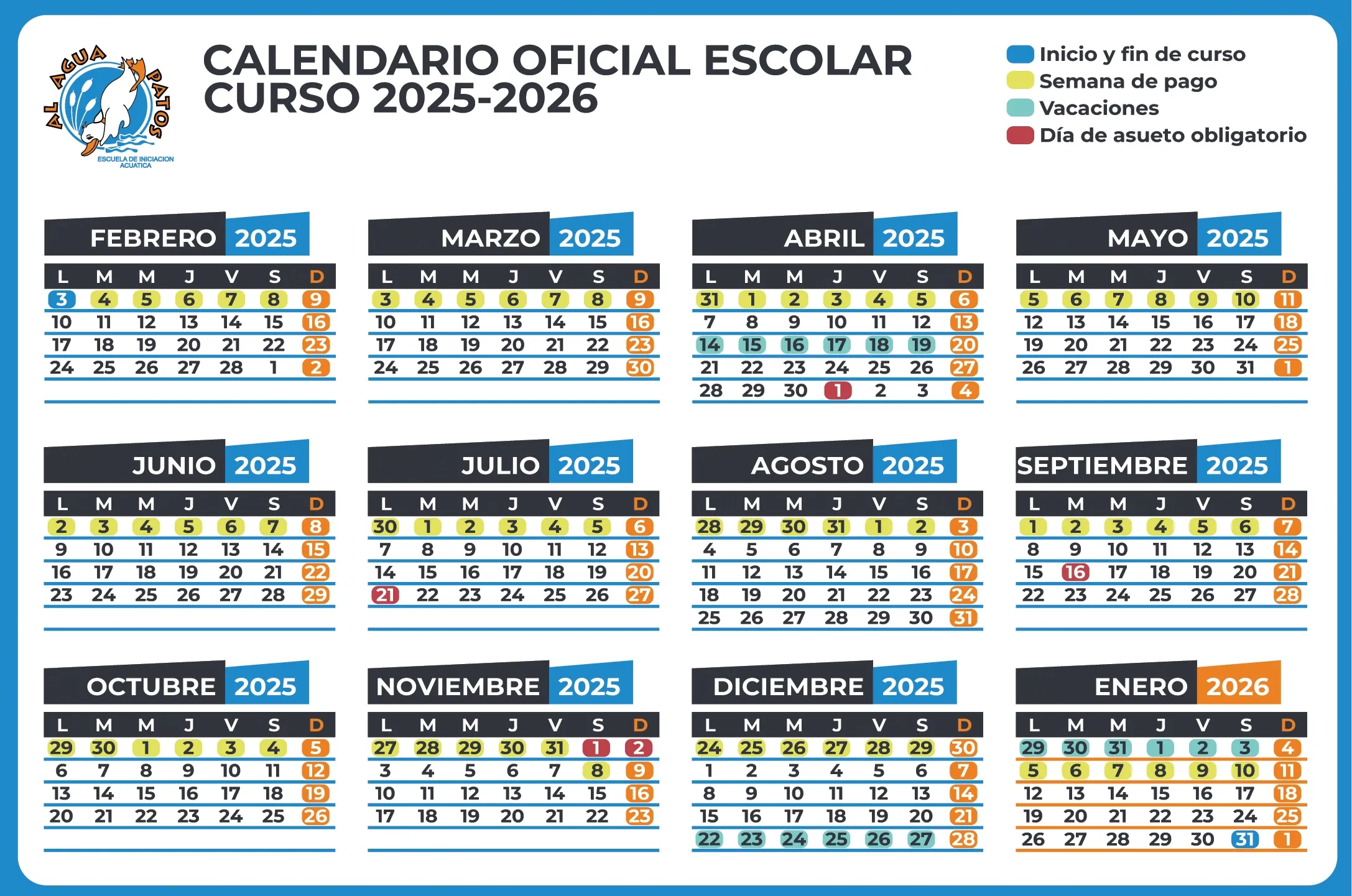 Calendario escolar 2025-2026 de Al Agua Patos